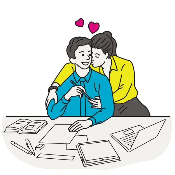 女商人在工作场所亲吻有恋爱关系的年轻人 细线艺术 手绘草图设计 简约风格 — 图库矢量图片
