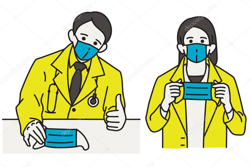 Vector illustration character portrait of male and female doctor, holding and presenting surgical mask in wearing mask campaign against dust or outbreak virus. Outline, linear, line style.