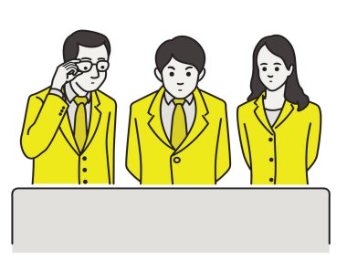 Ofis çalışanları ya da iş adamları, büyük ekranın önünde duruyor ya da izliyor, düşünüyor, düşünüyor, inceliyor, analiz ediyor. Taslak, doğrusal, ince çizgi sanatı.