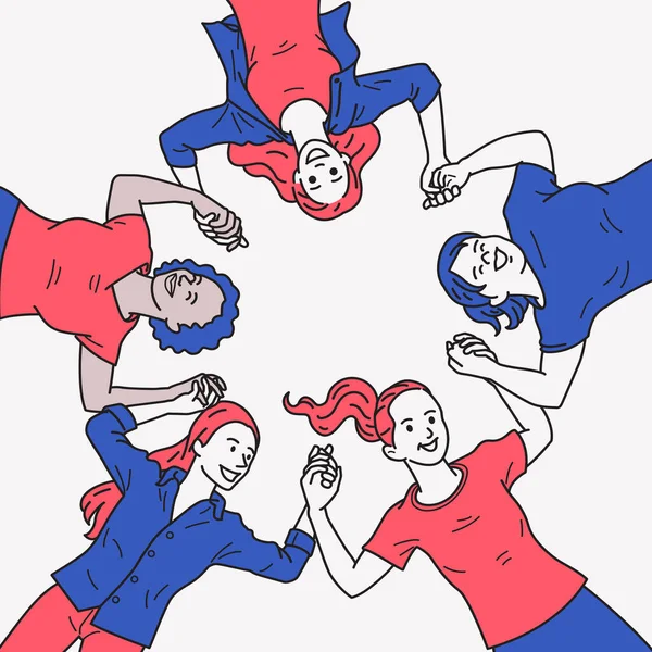 様々な女性のグループは 地面に横たわって サークルの幸せと興奮を表現する手を保持 コンセプトは3月8日の国際女性デー 細い線画 — ストックベクタ
