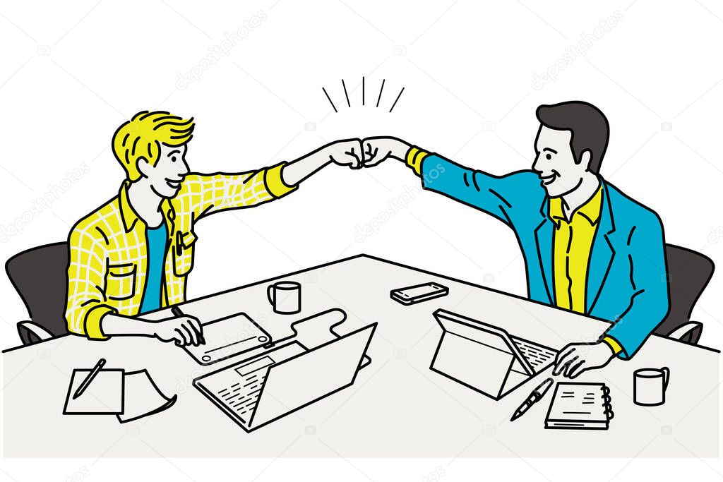 Two businessmen make a fist bump at working table, in concept of celebrating, winning, or excited. Outline, linear, thin line art, hand drawn sketch design, simple style.