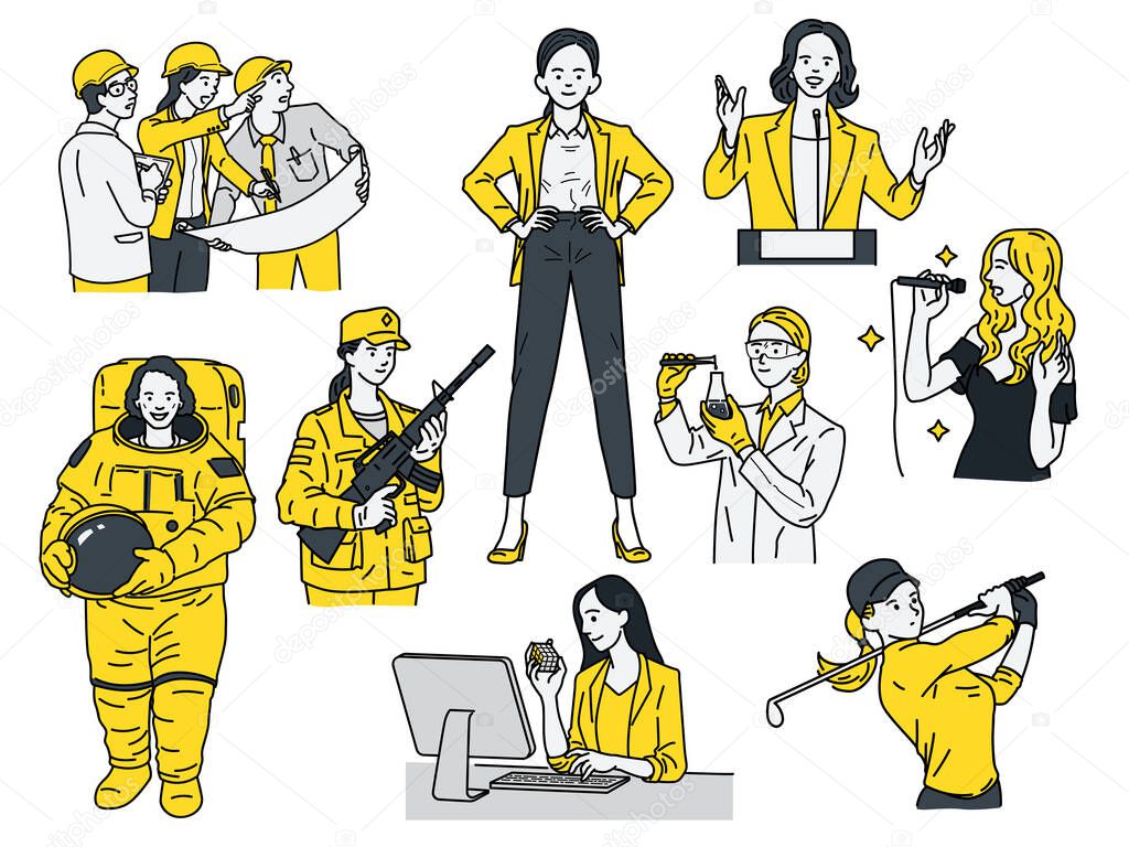 Smart and powerful women concept, various multi-ethnic characters of woman in many job and occupations, businesswoman, engineer, astronaut,  scienctist, golfer, singer, politician, soldier. Linear, thin line art design.