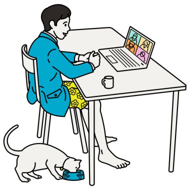 İnternetteki video konferansında iş adamı ekibiyle çalışıyor. Evde kediyle kal, takım elbise giy, mutfak masasında otur, dizüstü bilgisayar kullan. Taslak, doğrusal, ince çizgi sanat, elle çizilmiş çizim.