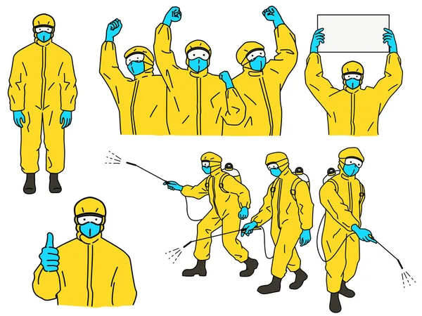 Combinaisons Hazmat Jeu Caractères Vectoriels Concept Lutte Contre Coronavirus Covid — Image vectorielle