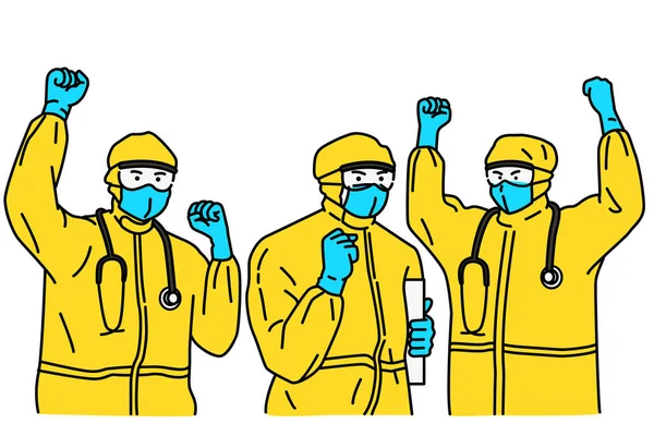 Los Médicos Con Traje Materiales Peligrosos Traje Protección Levantando Puños — Vector de stock