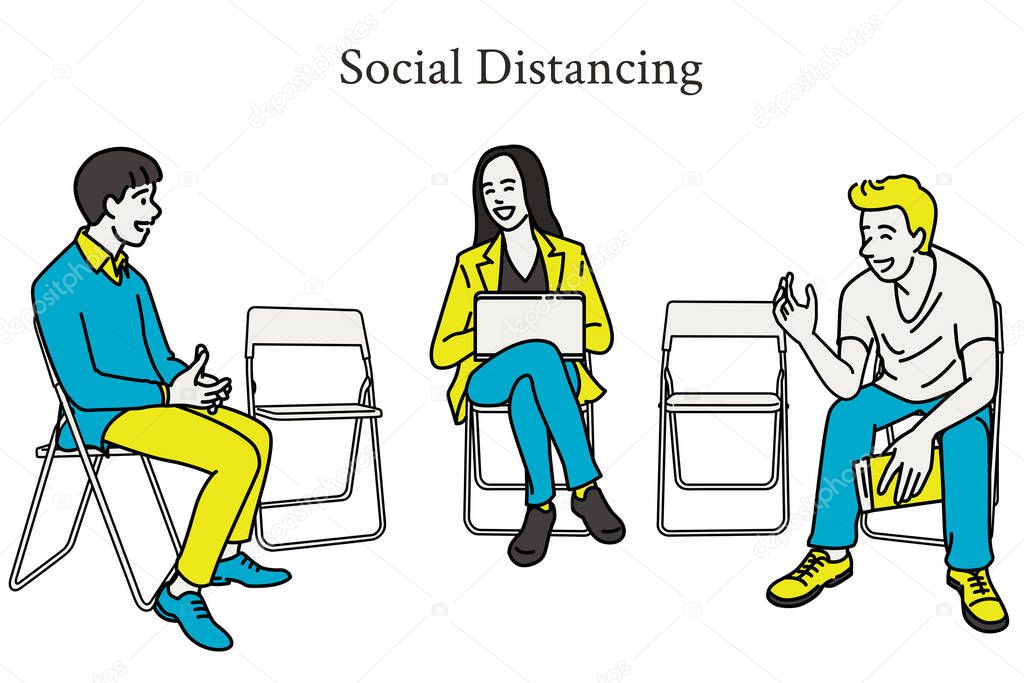 Vector illustration of young people sitting on folding chairs, keep long distance in cuation of Coronavirus of Covid-19 infection. Social distancing concept. Outline, thin line art, hand drawn sketch design. 