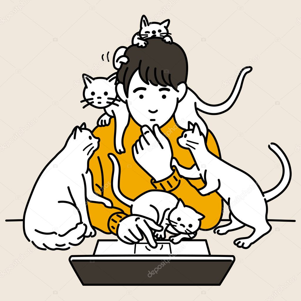 Man working on laptop at home while many cat and kitten playing around him. Stay home and working concept. Outline, linear, thin line art, hand drawn sketch, simple style.