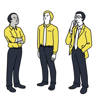 İş adamı, çeşitli karakterler, çok ırklı, ayakta duran ve düşünme kavramındaki boşluğa bakan. Vektör illüstrasyonu, çizgi, doğrusal, el çizimi tasarım, basit biçim.