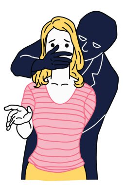 Masum bir kadın, cinsel taciz, aile içi şiddet, adam kaçırma ya da tecavüz kavramında erkeklerin ağızlarıyla saldırıya uğruyor. Doğrusal, ince çizgili sanat, elle çizilmiş çizim.