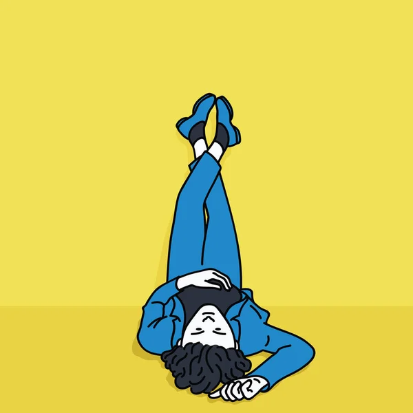若い実業家の床に横たわって さまざまな面白い方法を考え 逆さまに彼の足を置く ベクターイラストキャラクターデザイン 手描きスケッチ — ストックベクタ
