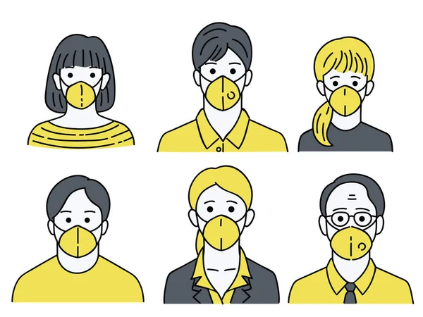 様々な人々 男性の女性は 老いも若きも 悪い夕暮れの汚染を保護するためにマスクを着用のベクトルイラストの文字の肖像画 スケッチ シンプルなスタイル — ストックベクタ