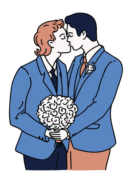 Para Gejów Bierze Ślub Dniu Ślubu Trzymając Kwiaty Całując Się — Wektor stockowy