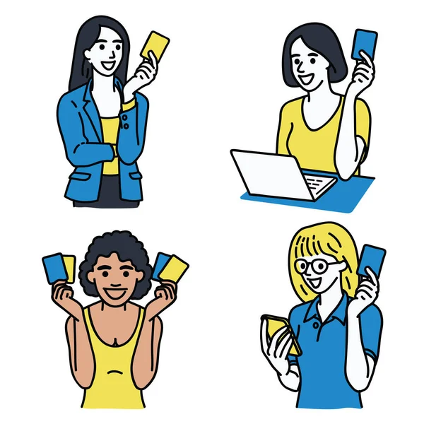 Conjunto Varios Retratos Carácter Mujeres Multiétnicas Con Tarjeta Crédito Mano — Vector de stock