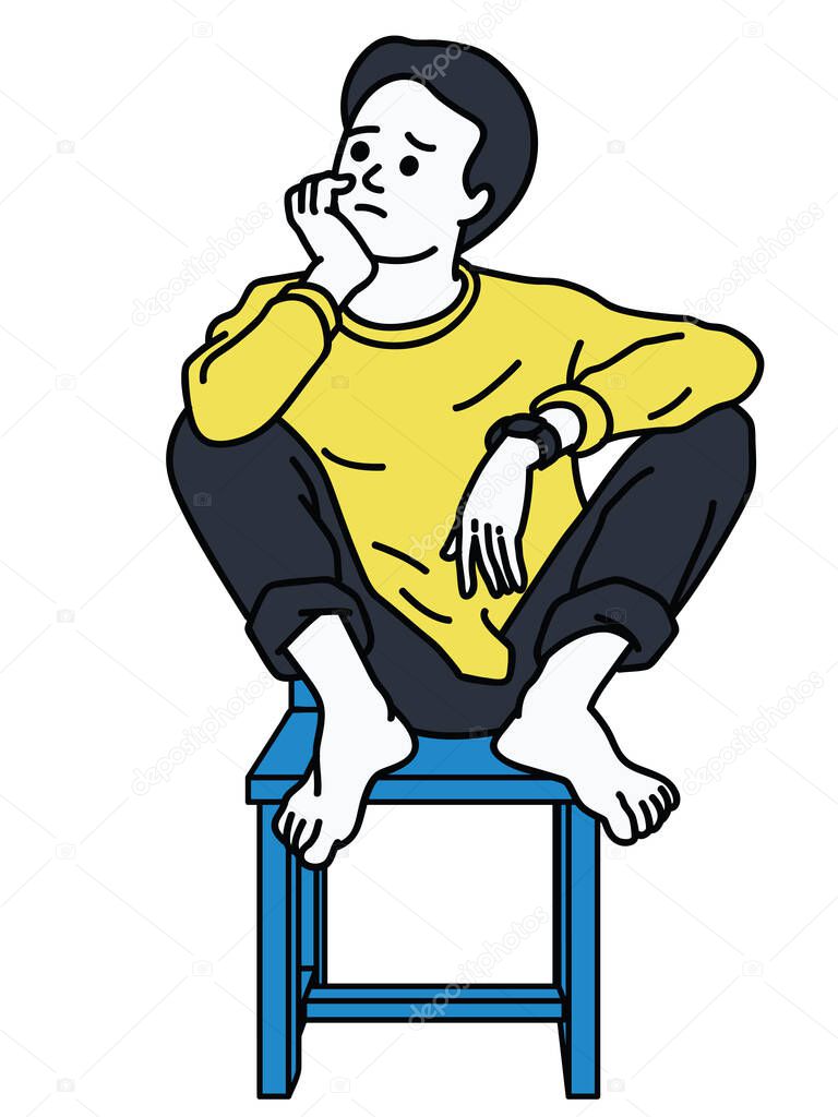 Man, in casual cloth, sitting alone on chair, chin up with elbow on leg, and thinking of something. Character design, linear, thin line art, hand drawn sketch. 