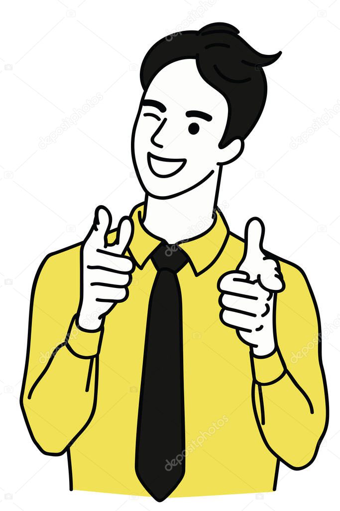 Young happy businessman, smiling and laughing, eye winking and two hands pointing at you. Linear, thin line art, hand drawn sketch design, simple style.