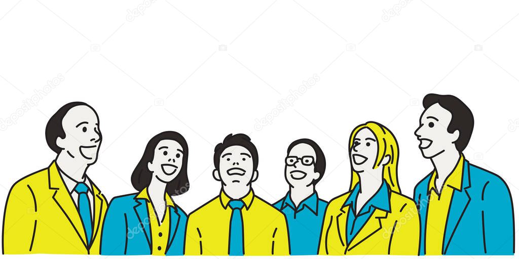 Vector illustration character of businesspeople, man and woman, looking up with surprised expression. Linear, thin line art, hand drawn sketch design, simple style.