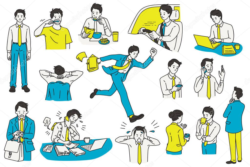 Vector illustration character design of businessman, various actions and activities, at workplace and office. Outline, linear, thin line art, hand draw sketch, simple style.