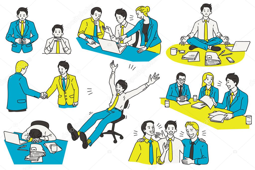 Vector illustration character design of businessman, various actions and activities, at workplace and office. Outline, linear, thin line art, hand draw sketch, simple style.