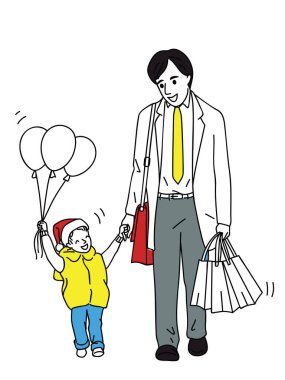 Yetişkin işadamı, işten döndükten ve alışverişe gittikten sonra mutlu ve gülümseyen bir ifadeyle Noel arifesinde oğluyla birlikte eve yürümekten zevk alır. Taslak, doğrusal, ince çizgi sanat, karalama, çizgi film.