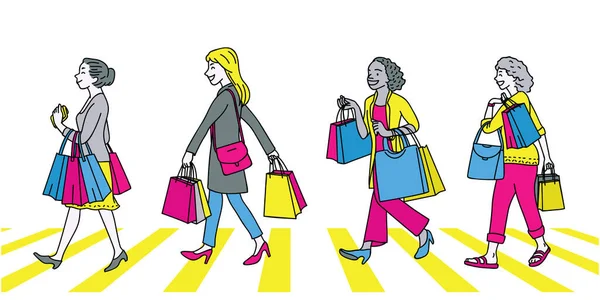 Personagem Comprimento Total Mulheres Com Sacos Compras Andando Cruzando Rua —  Vetores de Stock