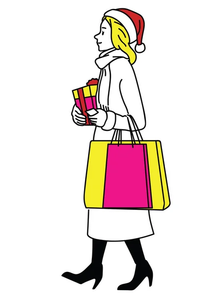 Mujer Adulta Caminando Casa Con Celebración Caja Regalo Bolsa Compras — Archivo Imágenes Vectoriales