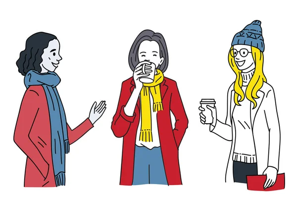 Kış Mevsimi Moda Tarzında Giyinmiş Dinlenen Kahve Içen Sohbet Eden — Stok Vektör