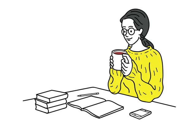 快乐的年轻女人 穿着冬季针织的衬衫 在写字台上边写东西边喝热咖啡边放松 教育概念 细线艺术 手绘草图 — 图库矢量图片