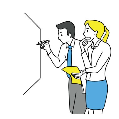 İş adamı ve kadın, beyaz tahtada yazı yazma, düşünme ve tartışma, iş ortaklığı, takım çalışması, iş arkadaşları, şirket. Taslak, doğrusal, ince çizgi sanat, elle çizilmiş tasarım.