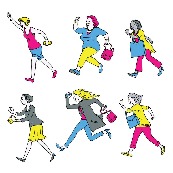 Carácter Longitud Completa Las Mujeres Corriendo Hacia Adelante Expresión Feliz Ilustración de stock