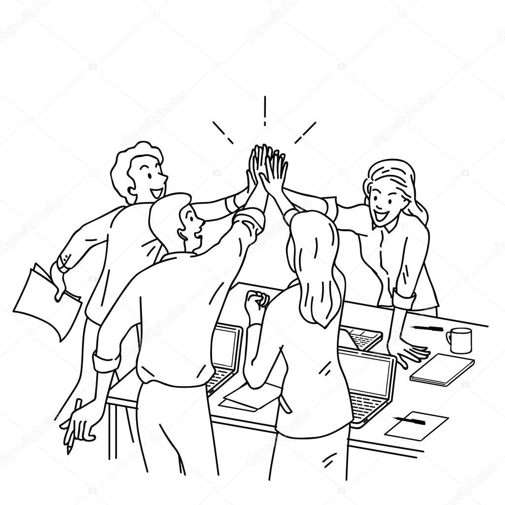 Group of businesspeople, man and woman, giving high five in business concept of corporate, success, congratulation. Outline, linear, thin line art, hand drawn sketch design. 