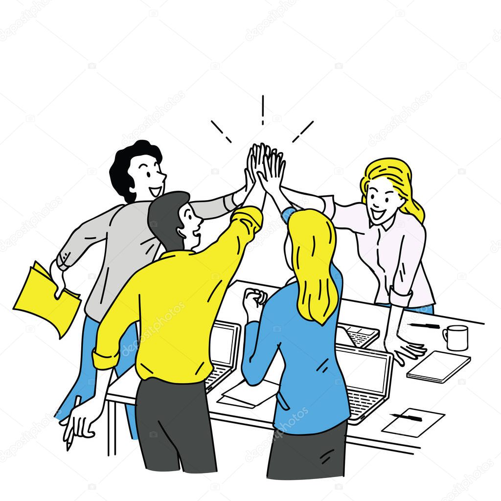 Group of businesspeople, man and woman, giving high five in business concept of corporate, success, congratulation. Outline, linear, thin line art, hand drawn sketch design, simple color style. 