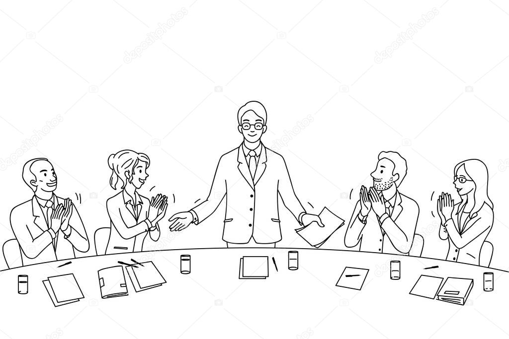 Young leadership businesssman feel proud, get applauding and satisfaction from colleague, friends, parters, team at the end of conference. Diverse, multi-ethnic character. Outline, linear, black and white, hand drawn sketch design.