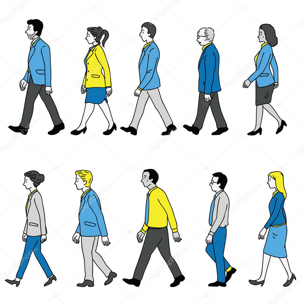 Vector illustration various character of full length businesspeople, man and woman, walking, diversity, multi-ethnic, side view. Outline, linear, thin line art, doodle, hand drawn sketch design.  