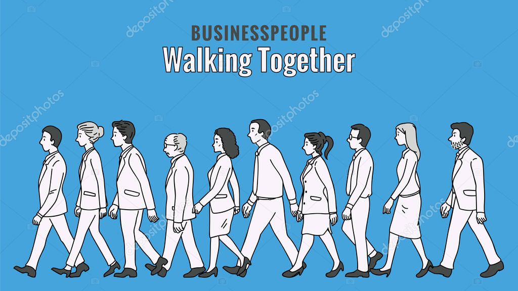 Vector illustration full length character of businesspeople, man and woman, walking together in the same direction, diversity, multi-ethnic, side view. Outline, linear, thin line art, doodle, hand drawn sketch design.  