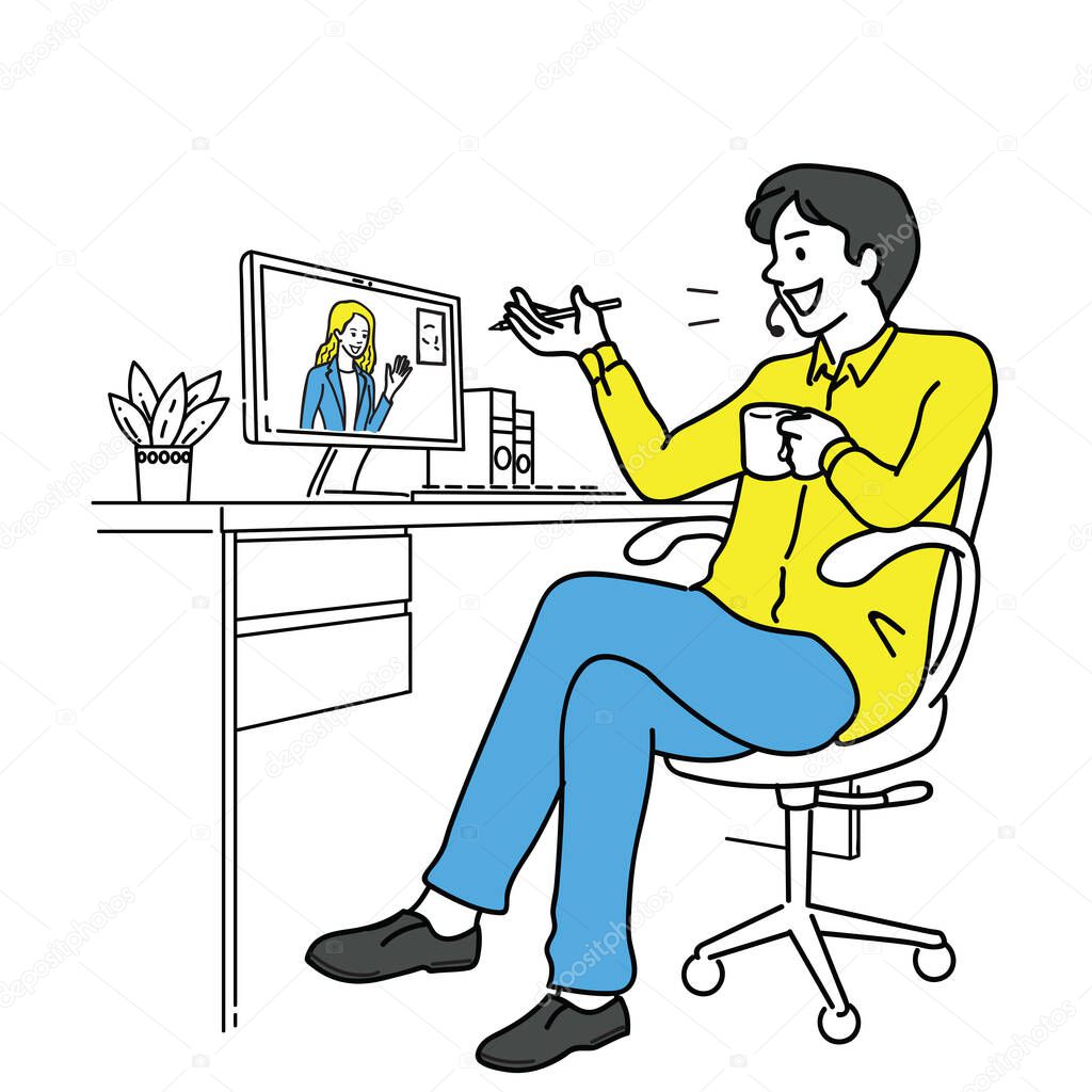 Businessman sitting at his desk in office, live online chatting and working with partner or colleague via computer screen, in relax and comfatable manner. Outline, linear, hand drawn sketch design.