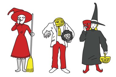 Cadılar Bayramı kostümü giymiş genç bir yetişkinin vektör çizimi. Taslak, doğrusal, ince çizgi sanat, karalama, çizgi film, el çizimi çizimi tasarım.