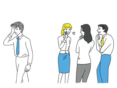 Bir grup işadamı ve kadın, ofis çalışanları, işyerindeki mutsuz bir adama zorbalık yapıyorlar. Taslak, doğrusal, ince çizgi sanat, karalama, el çizimi tasarım.