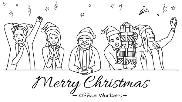 Ofis Çalışanlarının Temsilci Çizeri Ofiste Mutlu Noeller Kutlamalarını Kutluyor Taslak — Stok Vektör
