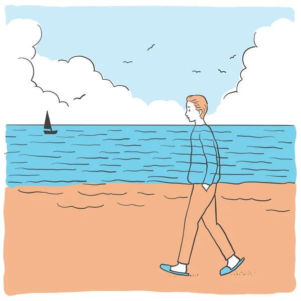 Векторная Иллюстрация Абстрактный Фон Прогулки Молодого Человека Пляжу Котором Футболка — стоковый вектор
