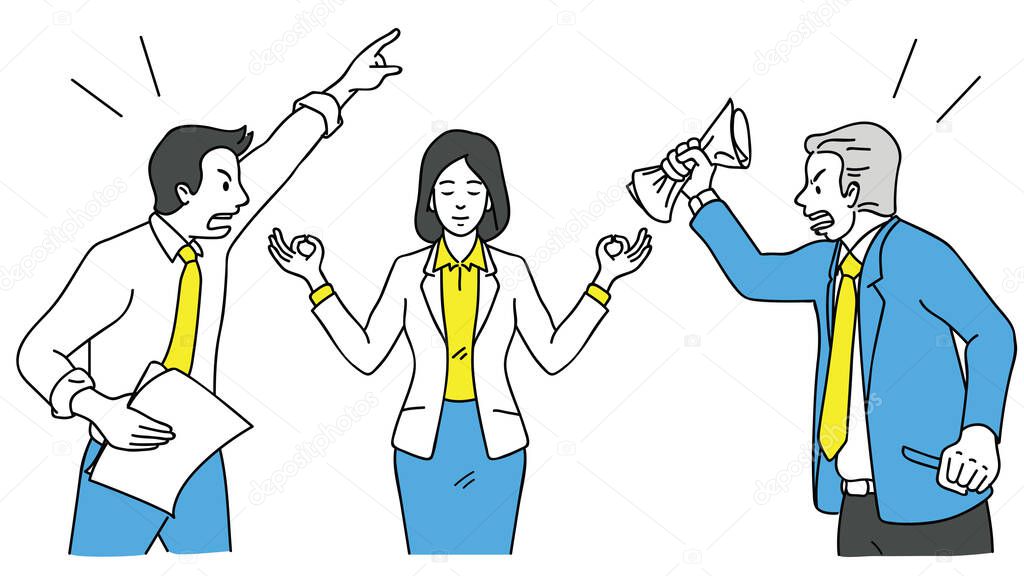 Businesswoman making meditation, lotus finger gesture, to concentrate her mind during her colleagues, coworkers and friends keep shouting, arguing, fighting. Outline, linear, hand drawn sketch design.