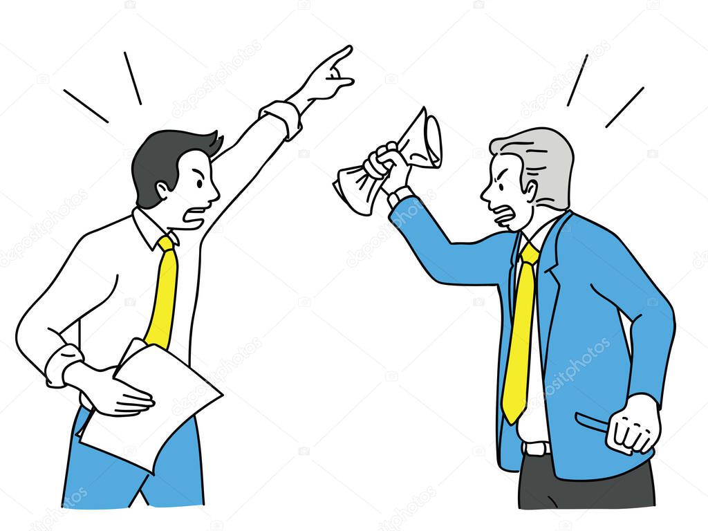 Two businessman turn face to face, arguing, fighting, yelling, shouting to each other, business concept in relationship problem among colleagues, coworkers and friends. Outline, linear, hand drawn sketch, vector illustration chracter design.