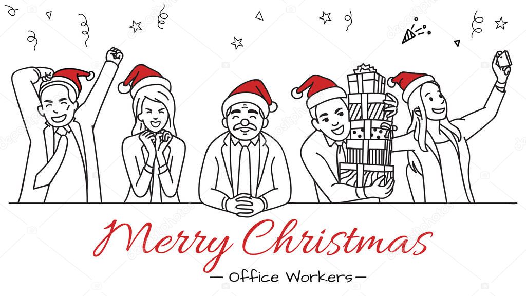 Vector illustration chracter of office workers sitting on table celebrate happy Merry Christmas occasion in the office. Outline, linear, thin line art, hand drawn sketch, contour design, simple color style.