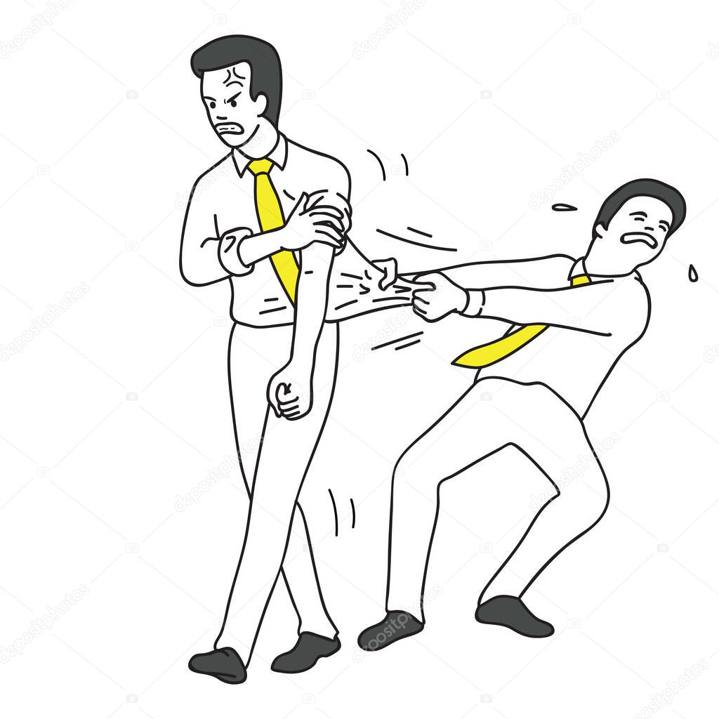 Businessman try to pull his friend back from anger and having quarrel. Outline, thin line art, doodle, hand drawn sketch design.