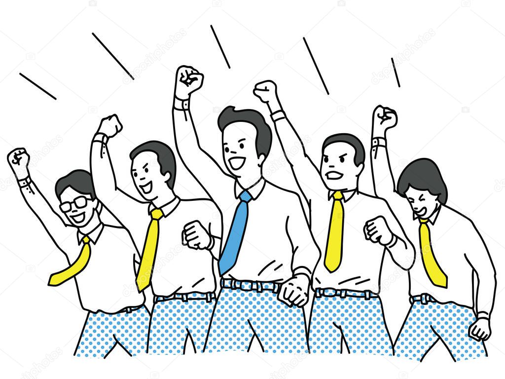 Vector illustration character of businessman in teamwork, clenched fist riasing in the air with cheering happiness expression. Success, winning, happy, celebration, motivation concept. Outline, linear, thin line art design.