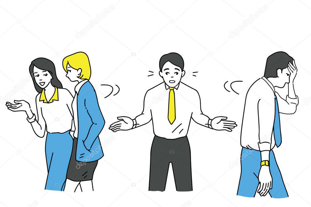 Funny vector illustration character of boring businessman who try to talk with other friends but no one want to listening to him becuase of his boring manner, or having relationship problem with colleague.