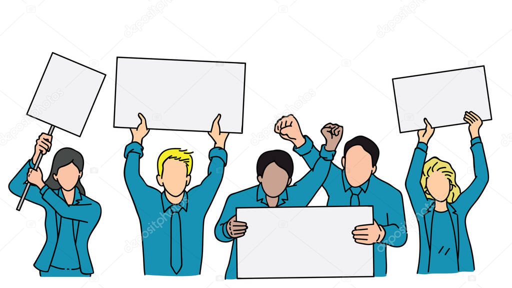 Vector illustration character of various people, adult man and woman, businesspeople, holding blank banner in concept of protest. Outline, linear, thin line art, hand draw sketch. 