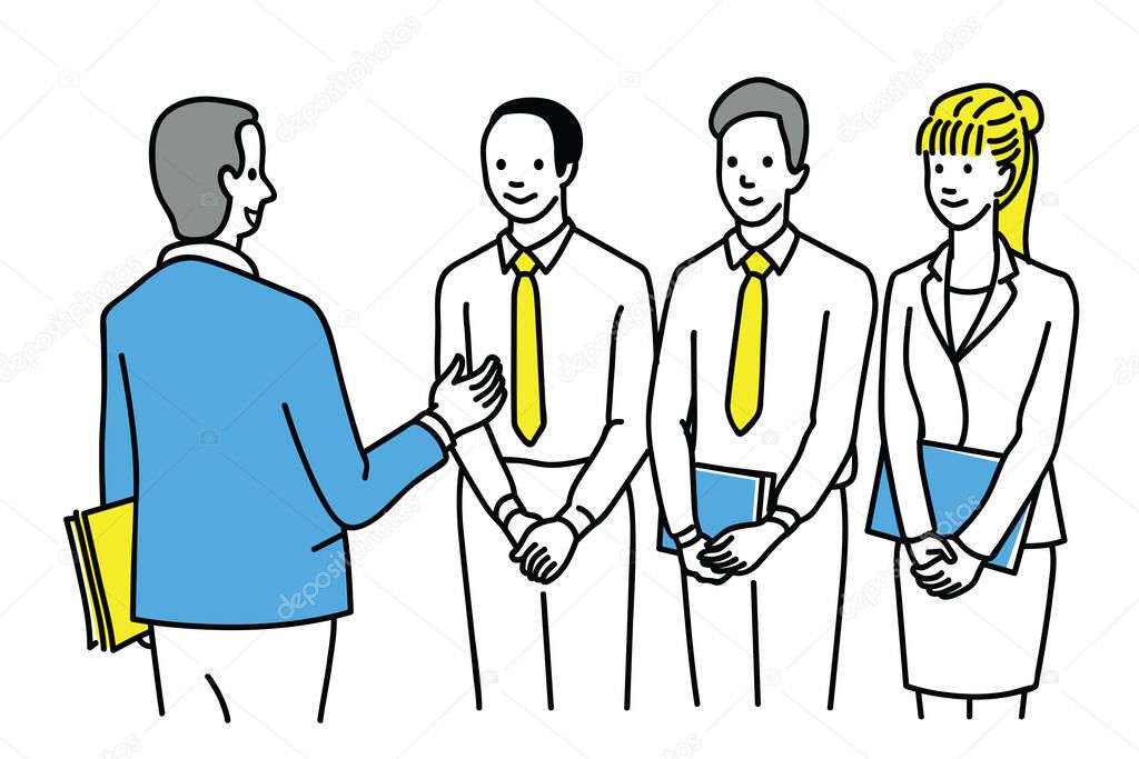 Senior businessman giving advise, training, explanation to his team work, man and woman, diversity, multi-ethnic. Outline, linear, thin line art, hand drawn sketch design, simple style.