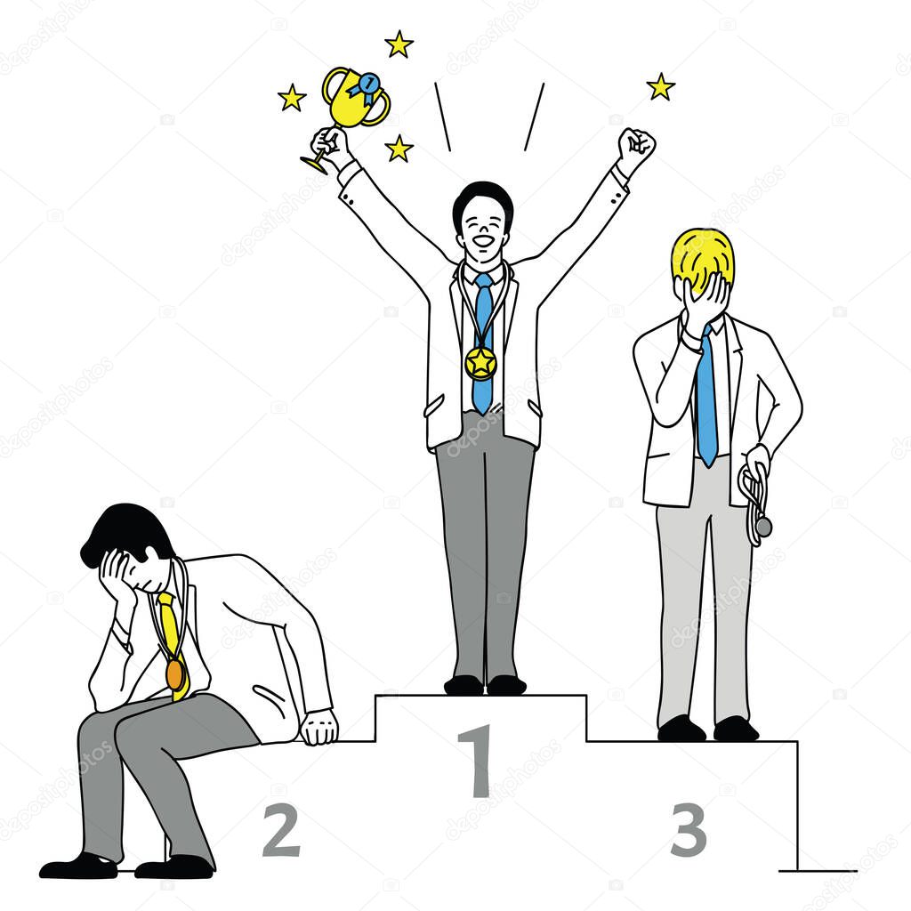Vector illustration chracter of businessman, winner who hold trophy in the first place and loser. Outline, linear, thin line art, hand drawn sketch design, simple style.
