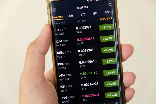 Cambio Volumen Del Mercado Criptomoneda Teléfono Inteligente Mano Con Fondo — Foto de Stock