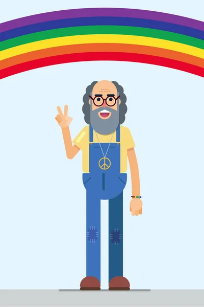 Illustration av en leende hippie med freds symbolen — Stock vektor